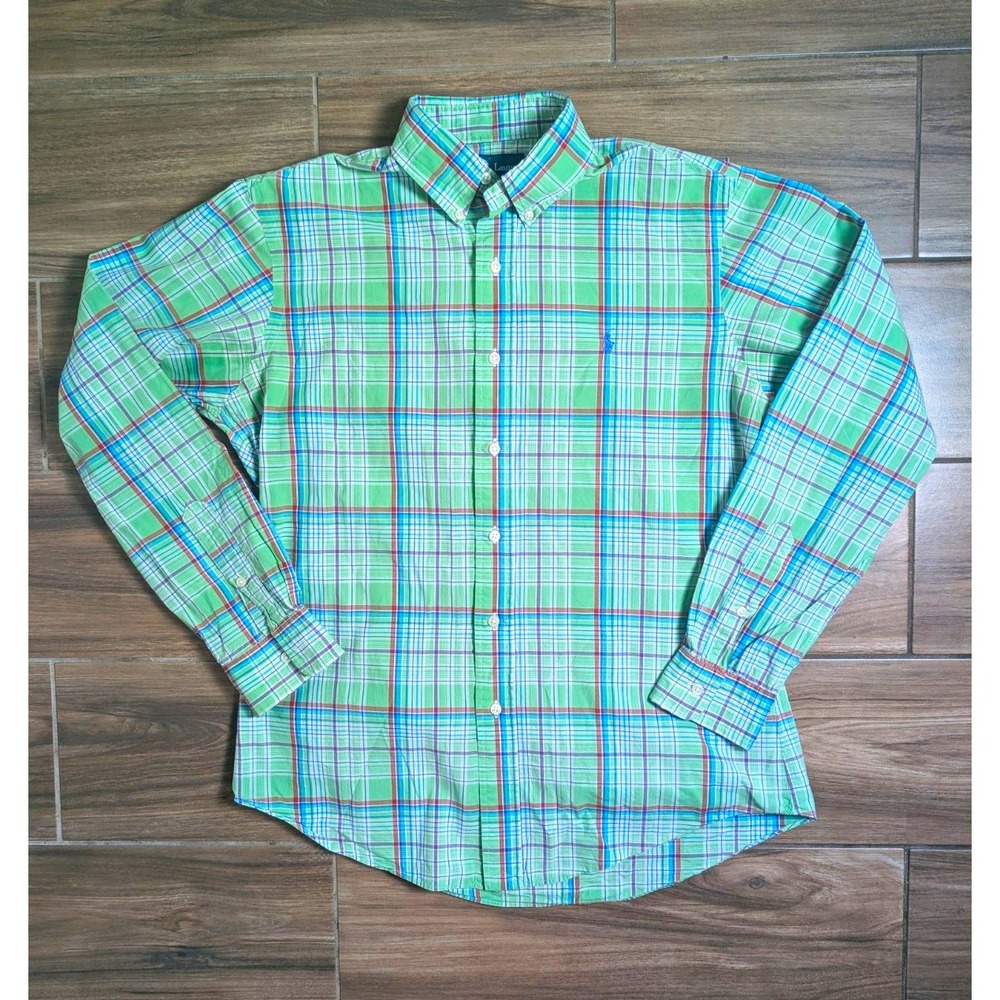 Ralph Lauren Men's Medium Custom Fit Green Madras Plaid Button Down Shirt Pony